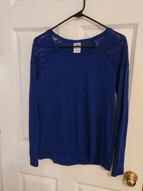 PINK Victoria's Secret Cobalt Blue Lace-Shoulder Long Sleeve Top